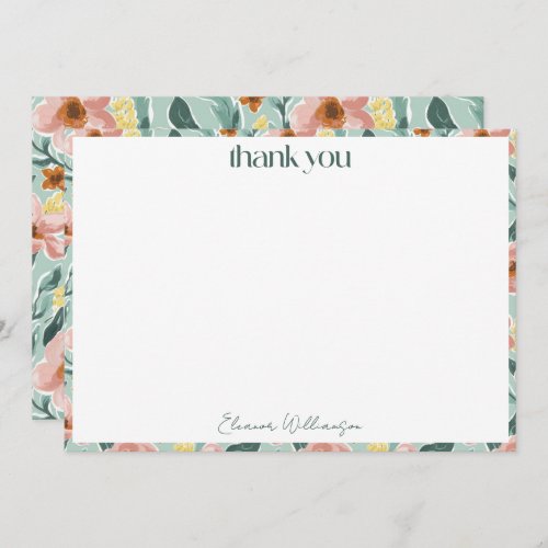 Pretty Mint Sage Pink Floral Custom Bridal Shower Thank You Card