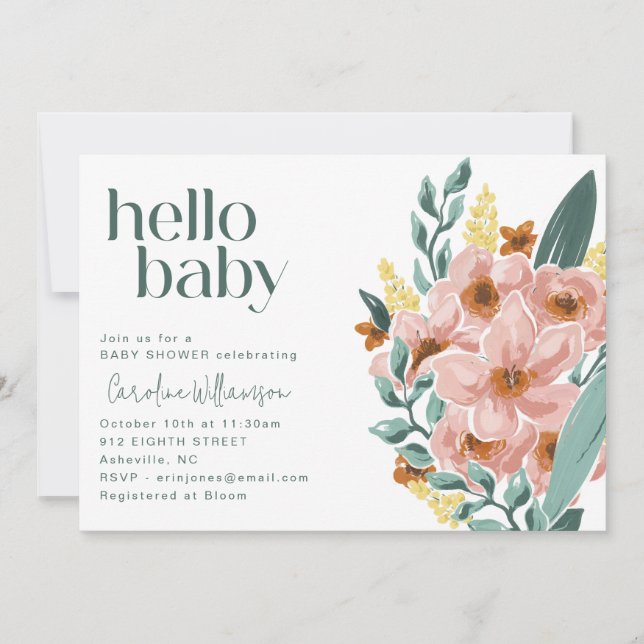 Pretty Mint Sage Pink Floral Hello Baby Shower Invitation (Front)