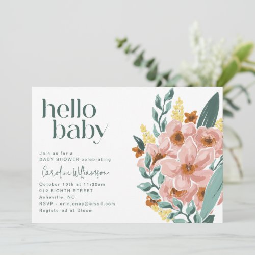 Pretty Mint Sage Pink Floral Hello Baby Shower Invitation