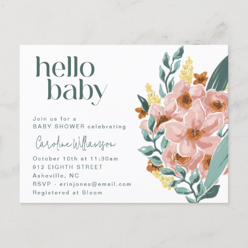 Pretty Mint Sage Pink Floral Hello Baby Shower Postcard
