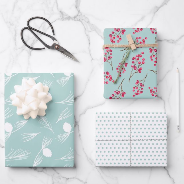 Pretty Modern Blue Winter Trio Wrapping Paper Sheets (Front)