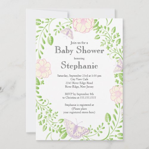 Pretty Modern Butterfly Floral Girl Baby Shower Card