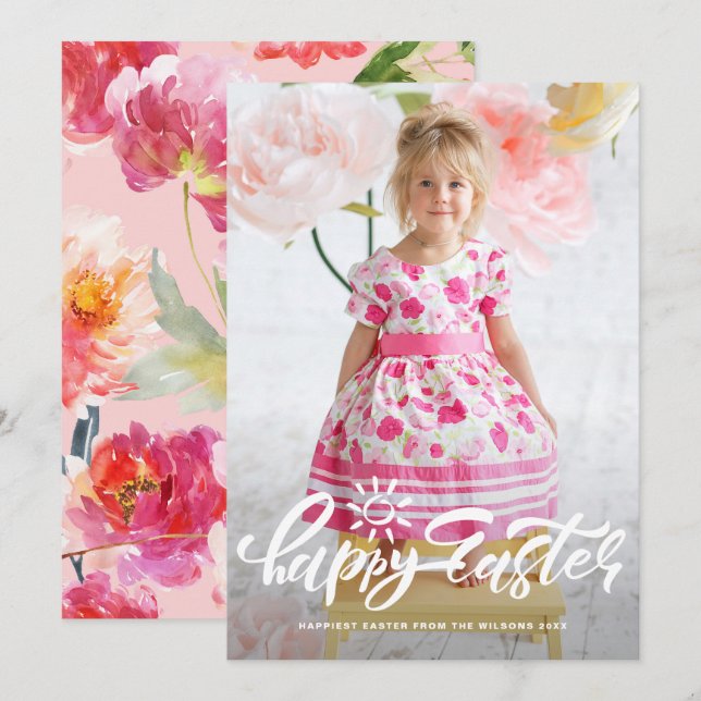 Pretty Modern Calligraphy Happy Easter Photo Holiday Card (Front/Back)