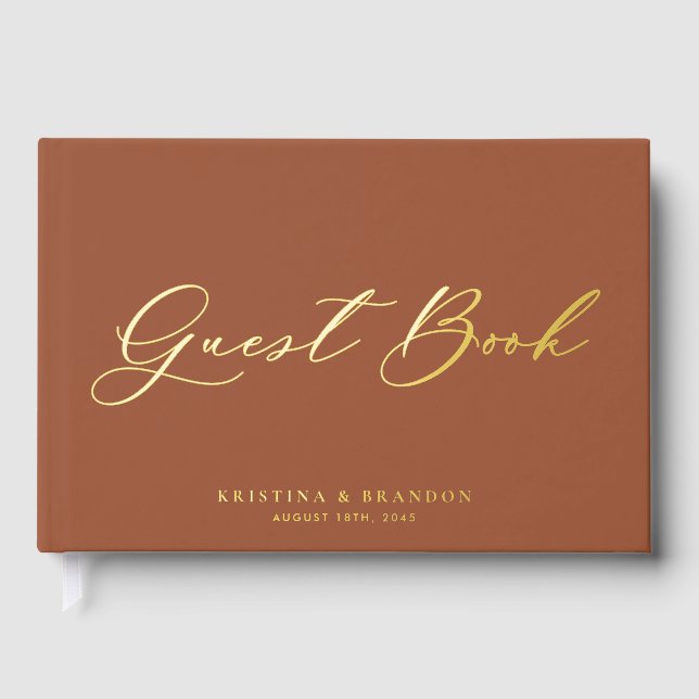 Pretty Modern Calligraphy Terracotta Photo Wedding Foil Guest Book (Front)