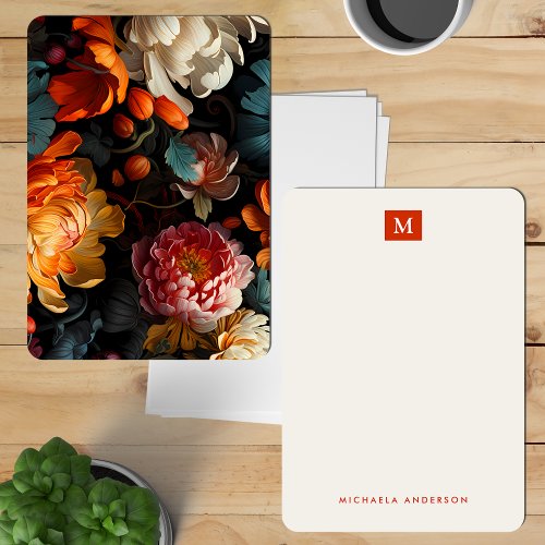 Pretty Modern Colorful Flowers Monogram  Name Note Card