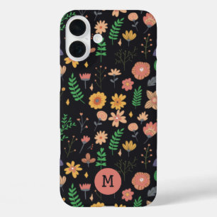Pretty Modern Dark Floral Pattern Monogram iPhone 16 Plus Case