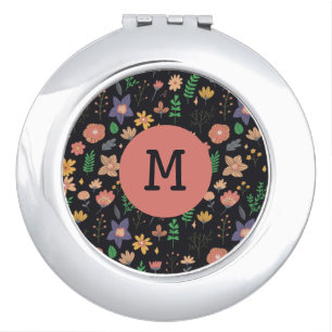 Pretty Modern Dark Floral Pattern Monogram Compact Mirror