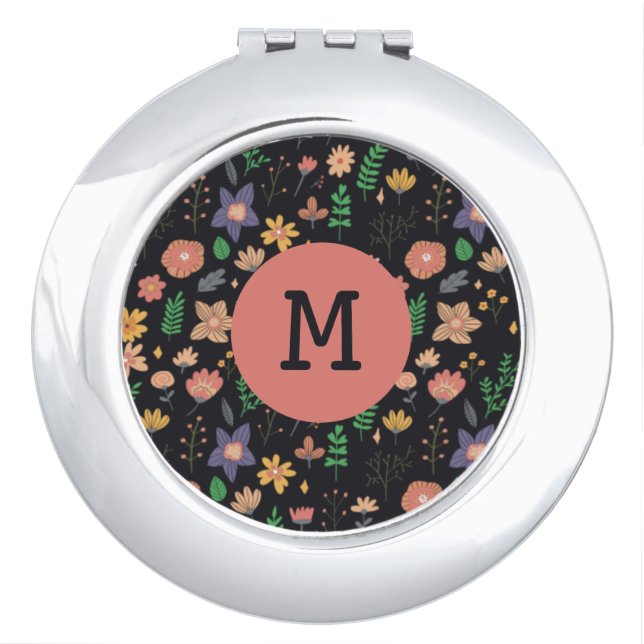 Pretty Modern Dark Floral Pattern Monogram Compact Mirror (Front)