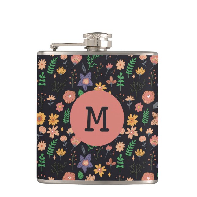 Pretty Modern Dark Floral Pattern Monogram Flask (Front)