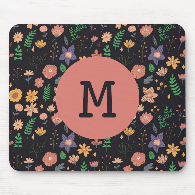 Pretty Modern Dark Floral Pattern Monogram Mouse Pad (Front)