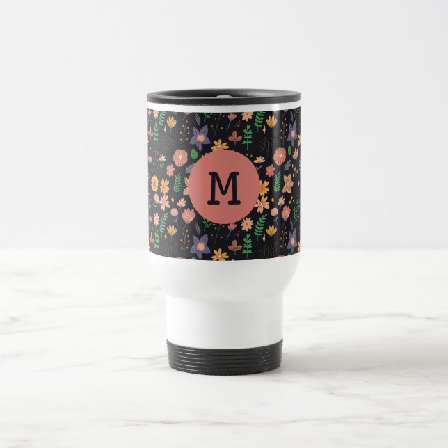 Pretty Modern Dark Floral Pattern Monogram Travel Mug (Center)