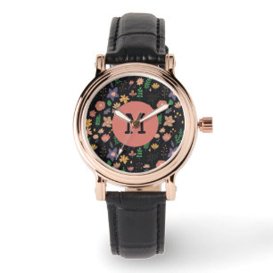Pretty Modern Dark Floral Pattern Monogram Watch