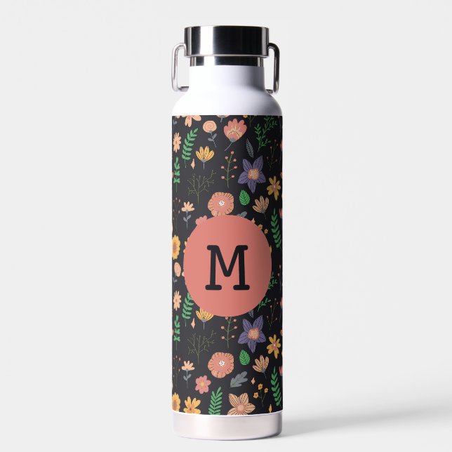 Pretty Modern Dark Floral Pattern Monogram Water Bottle (Front)