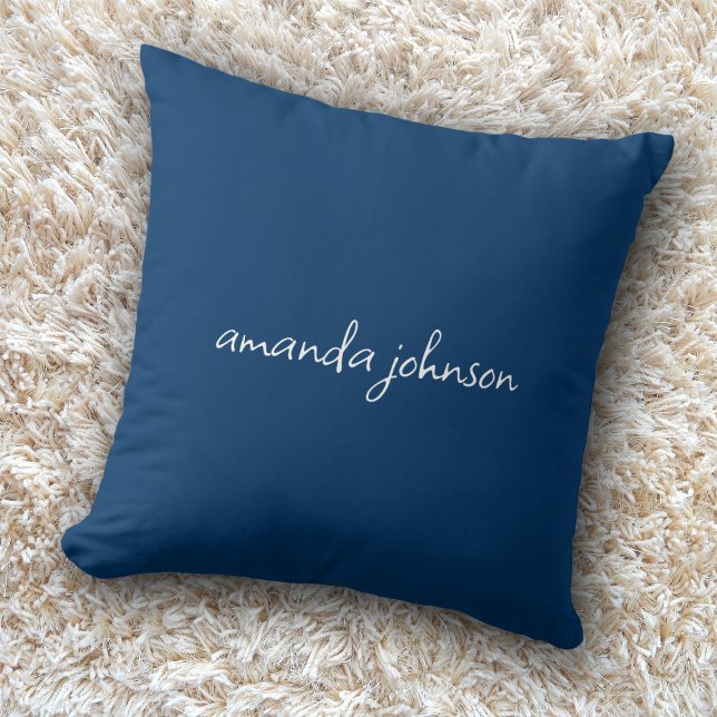 Pretty Modern Dark Navy Blue Monogram Full Name Throw Pillow (Creator Uploaded)