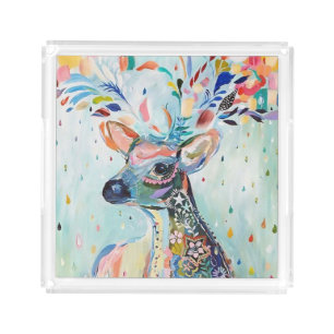 Pretty Modern Deer Art Flower Antlers Acrylic Tray