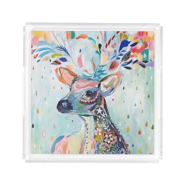 Pretty Modern Deer Art Flower Antlers Acrylic Tray (Front)