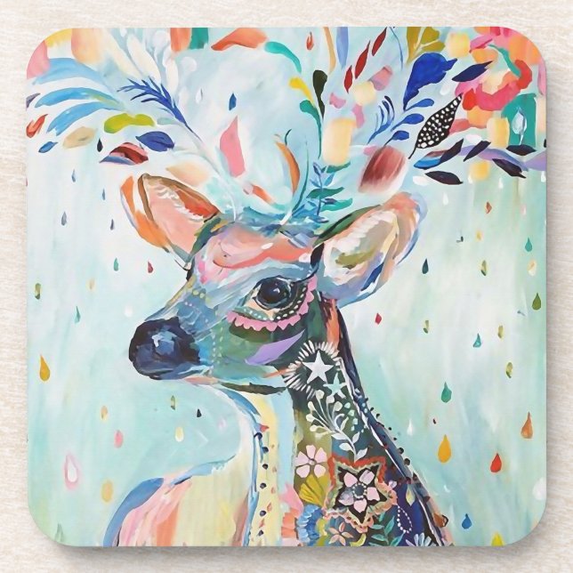 Pretty Modern Deer Art Flower Antlers Beverage Coaster (Front)