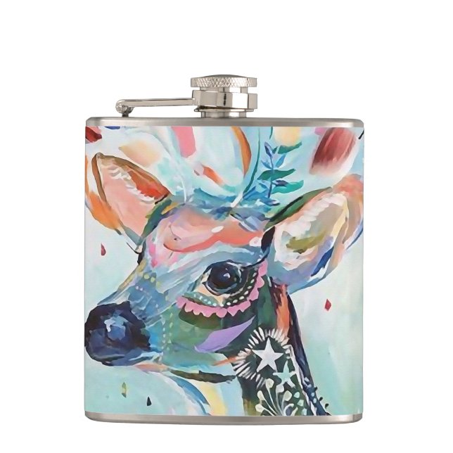 Pretty Modern Deer Art Flower Antlers Flask (Front)