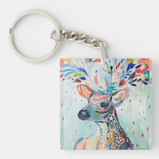 Pretty Modern Deer Art Flower Antlers Keychain (Front)