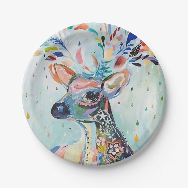 Pretty Modern Deer Art Flower Antlers Paper Plates (Front)