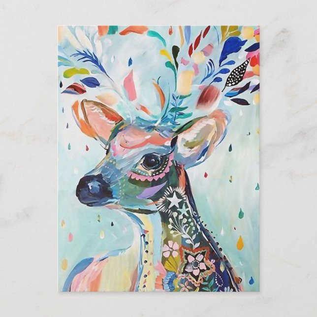 Pretty Modern Deer Art Flower Antlers Postcard (Front)