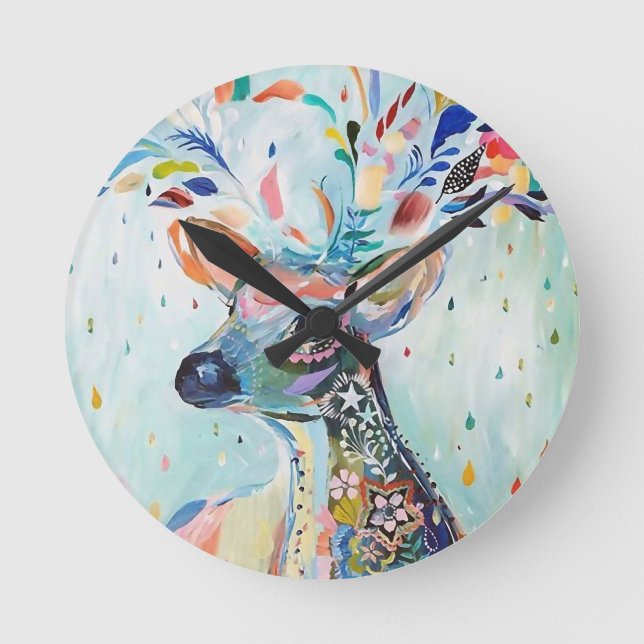 Pretty Modern Deer Art Flower Antlers Round Clock (Front)