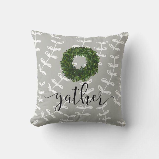 Pretty Modern Farmhouse Script Boxwood Wreath Throw Pillow (Front)