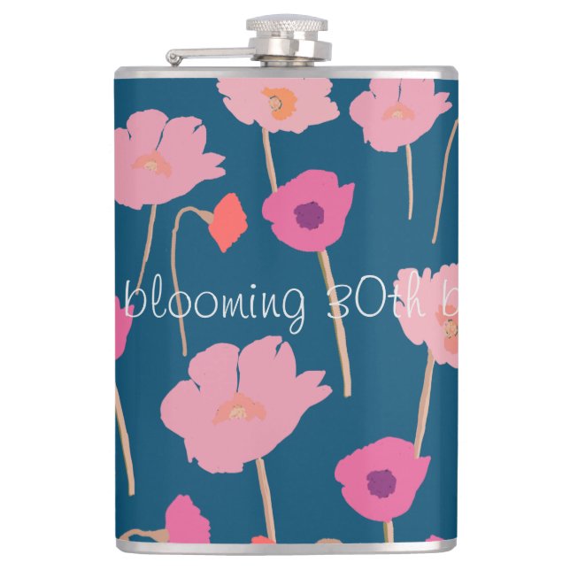 Pretty Modern Floral Birthday With Custom Age Flask (Front)