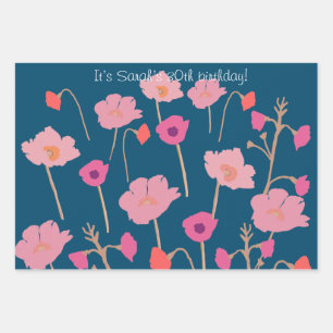 Pretty Modern Floral Birthday With Custom Age Wrapping Paper Sheets