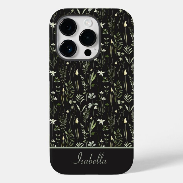 Pretty Modern Floral Botanical Green and Black Case-Mate iPhone Case (Back)
