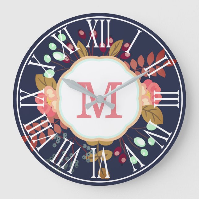 Pretty Modern Floral Collage | Monogram Large Clock (Front)