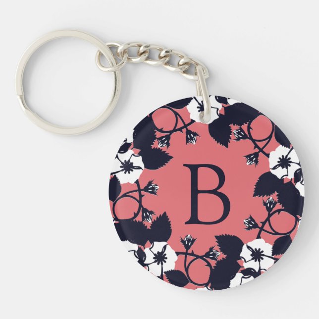 Pretty Modern Floral Coral Pink Monogram Keychain (Front)