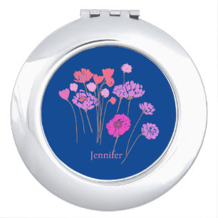 Pretty Modern Floral Dark Blue Compact Mirror