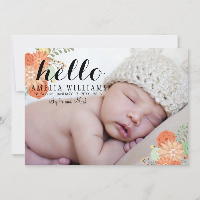 Pretty Modern Floral Hello Birth Announcement 2 (Front)