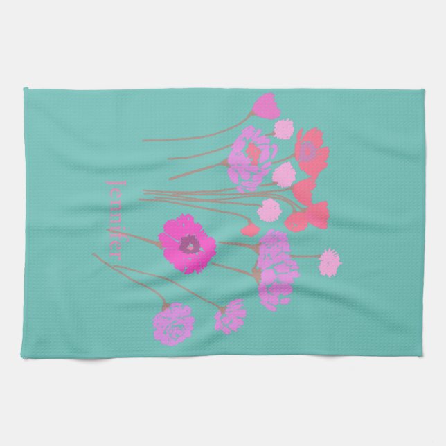 Pretty Modern Floral Teal Kitchen Towel (Horizontal)
