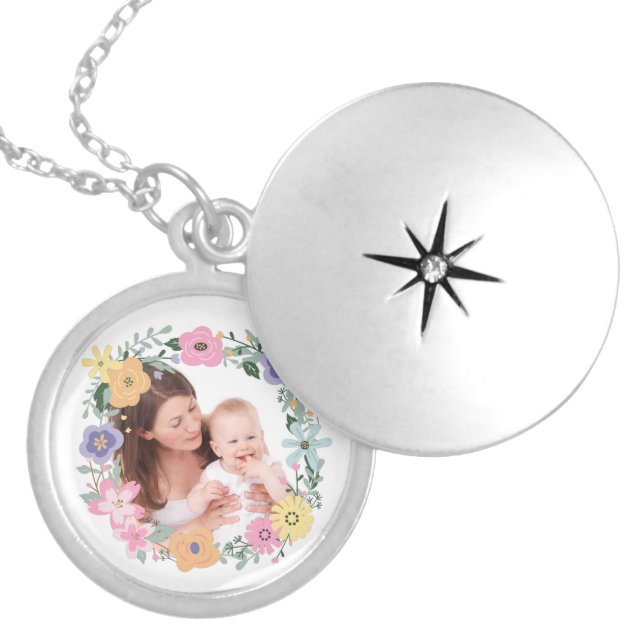 Pretty Modern Flower Wreath Custom Photo Locket Necklace (Front)
