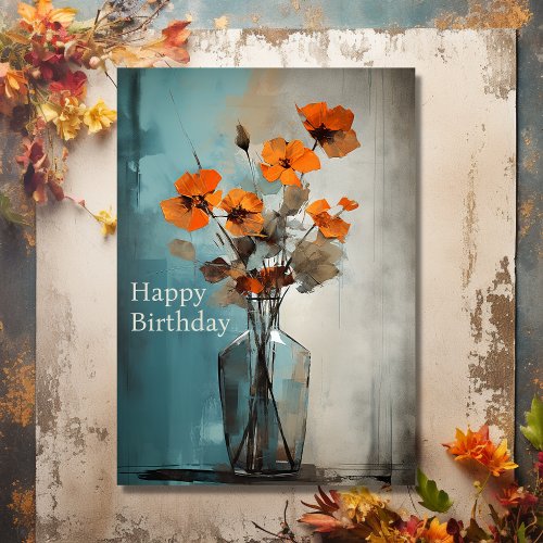 Pretty Modern Flowers and Vase Happy Birthday Card