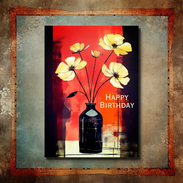 Pretty Modern Flowers and Vase Happy Birthday Card (Front - Pretty Modern Flowers and Vase Happy Birthday Card)