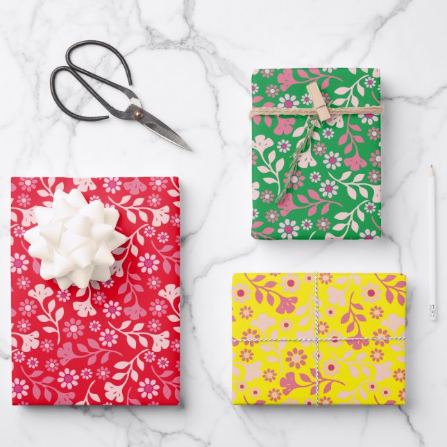 Pretty Modern Flowers And Vines Trio Wrapping Paper Sheets (Front)