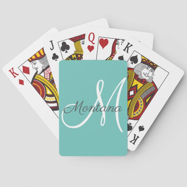 Pretty Modern Girly Monogram Blue Green Name  Poker Cards (Back)