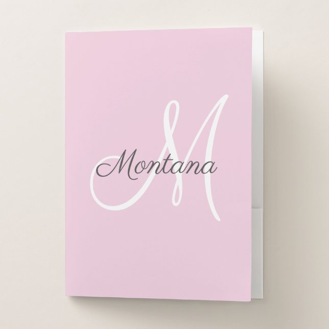 Pretty Modern Girly Monogram Pink Gray Name Pocket Pocket Folder (Front)