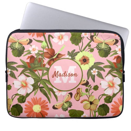 Pretty Modern Girly Pink Monogram Floral Pattern Laptop Sleeve