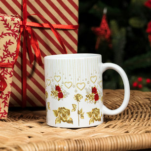Pretty Modern Golden, Red Roses & Hanging Hearts Mug