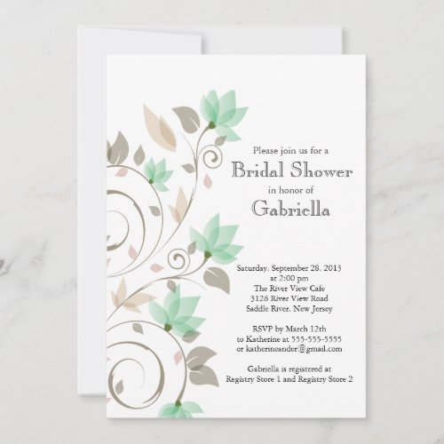 Pretty Modern Mint Green Floral Vine Bridal Shower Custom Invites