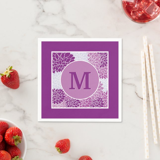 Pretty Modern Monogram Purple Floral Pattern Party Napkins (Insitu)