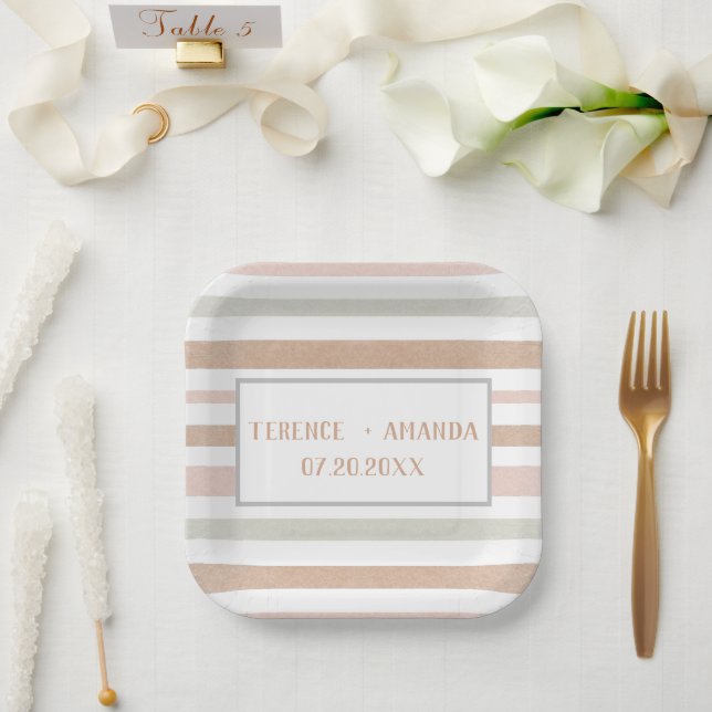 Pretty Modern Neutral Stripes Personalized  Paper Plates (Wedding)