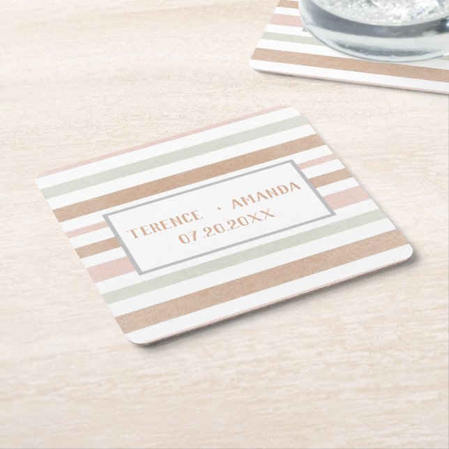 Pretty Modern Neutral Stripes Personalized   Square Paper Coaster (Angled)