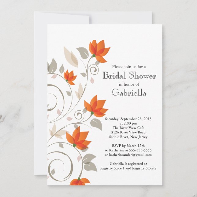 Pretty Modern Orange Floral Vine Bridal Shower Invitation (Front)