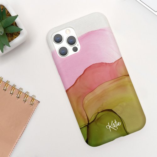 Pretty Modern Pink Green Watercolor w Name iPhone 11 Case