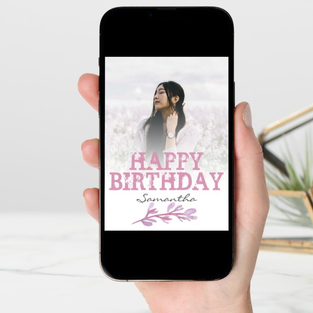 Pretty Modern Pink Photo Watercolor Birthday Card (Front Digital)